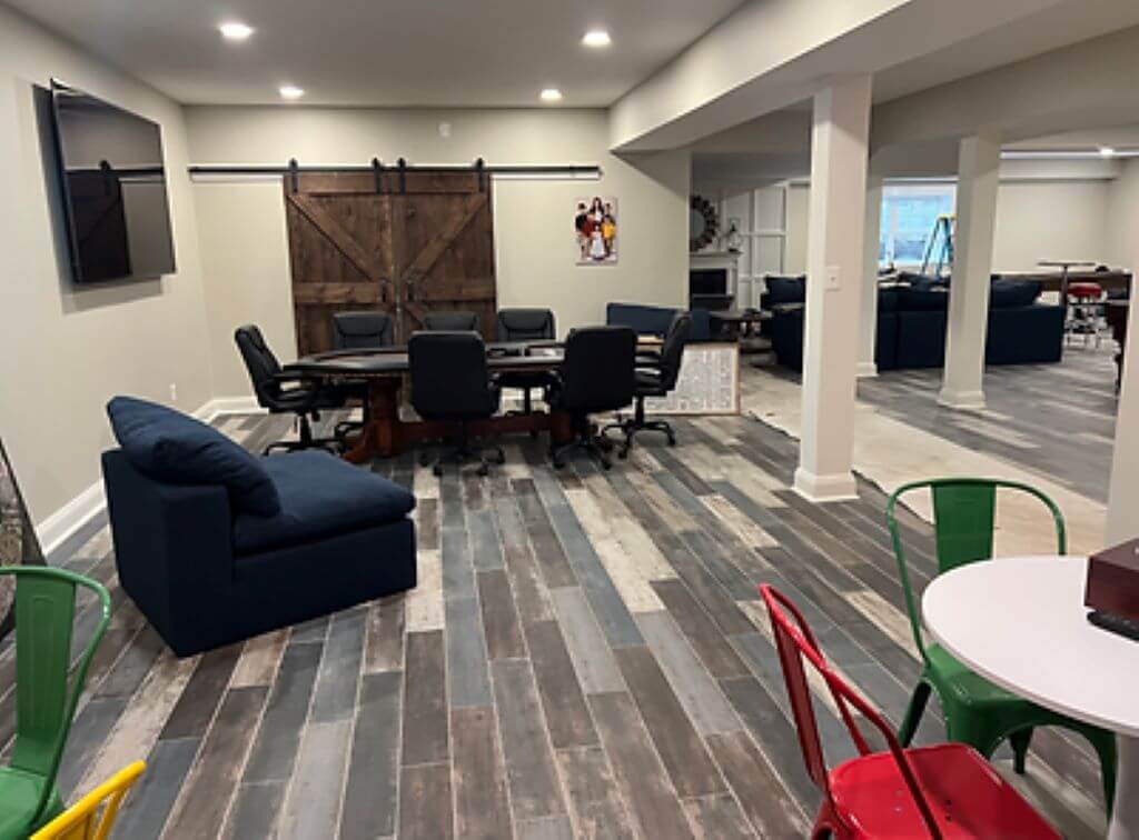 Montgomery County basement conversion into a family entertainment area with a home theater.