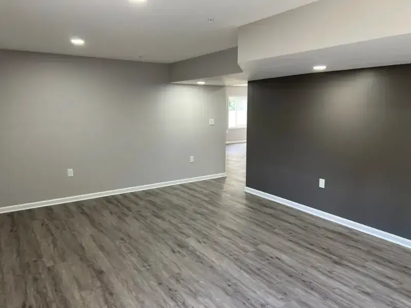 Modern basement remodel in Silver Spring with minimalist decor.