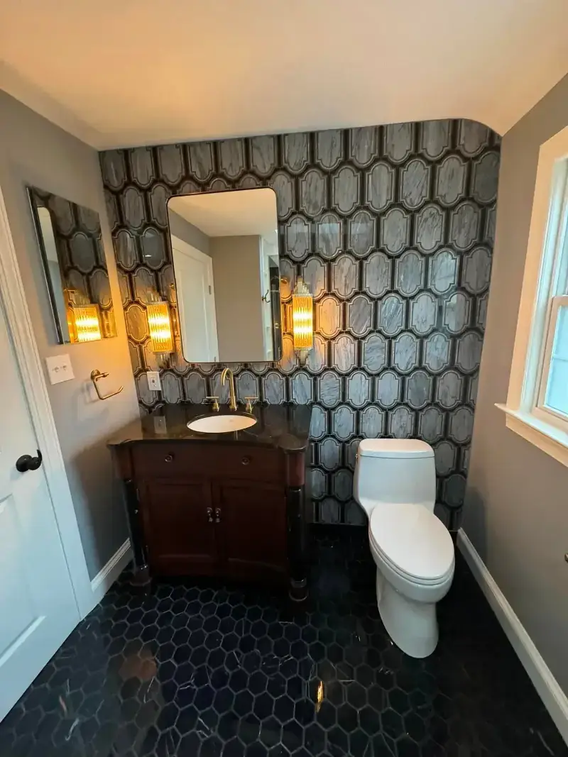 Chevy Chase bathroom remodel with marble countertops and tub.