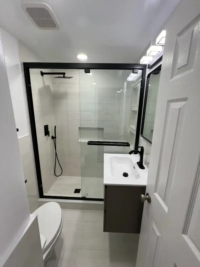 Annandale bathroom remodel with walk-in shower and vanity.