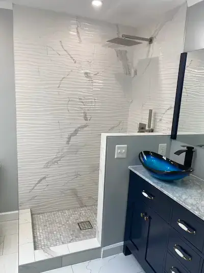 Contemporary bathroom with glass walk-in shower and dual vanity sinks in Arlington